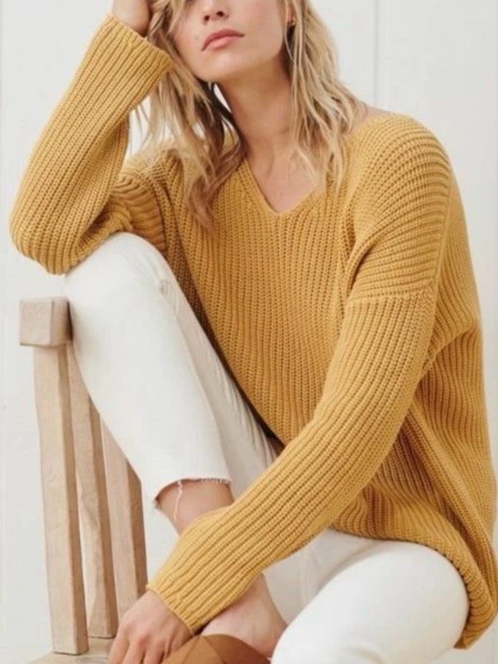 Jenni Kayne Women’s fishermans Mustard Ribbed V-Neck Sweater S